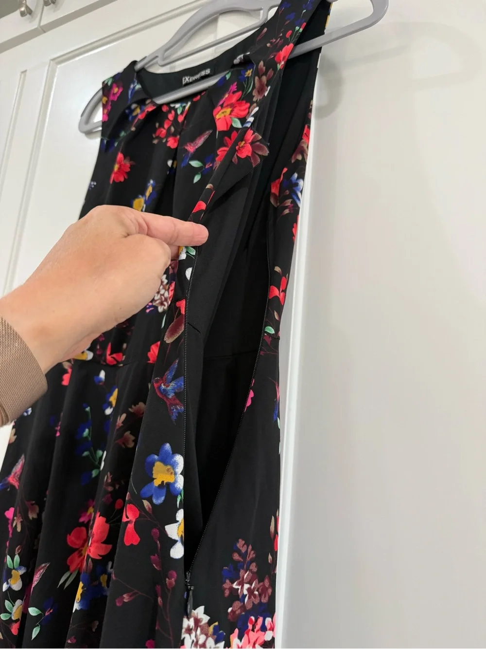 Express Black Floral Fit & Flare Dress with Pink and Red Blooms
